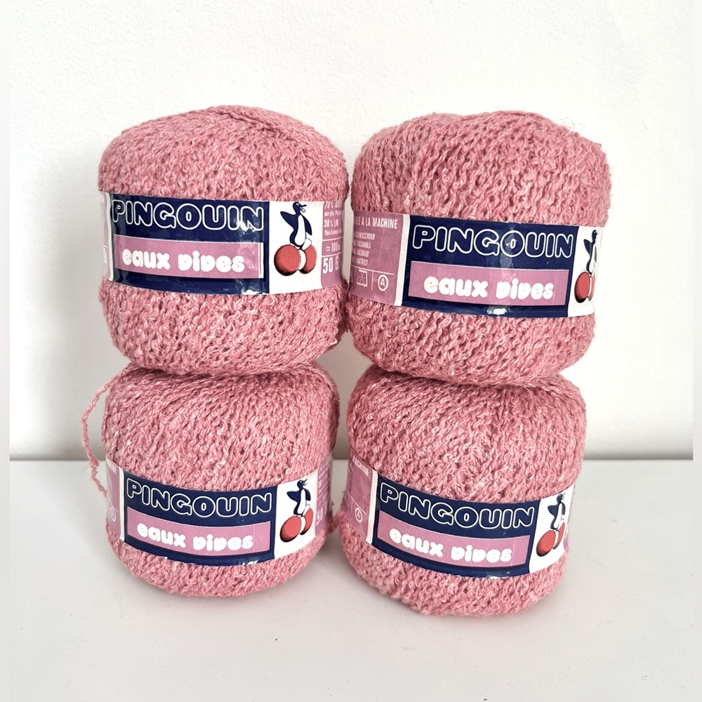 Vintage Pingouin Eaux Vives 50g Yarn Pink Rose Acrylic/Linen, 4 Skeins, France